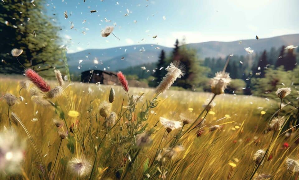 Wildflower Seeds Blowing Across Meadow